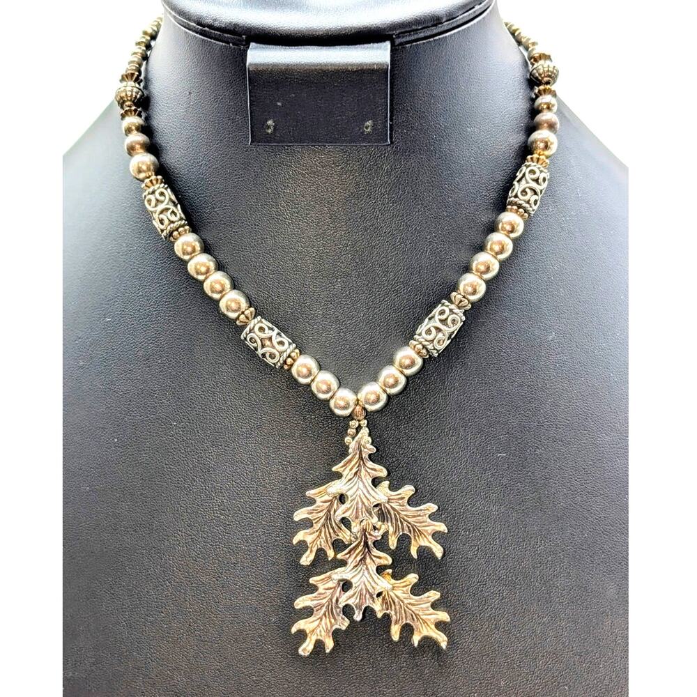 Vintage Silver Tone Bali Bead Layered Leaf Pendant Necklace W/ Hook Clasp